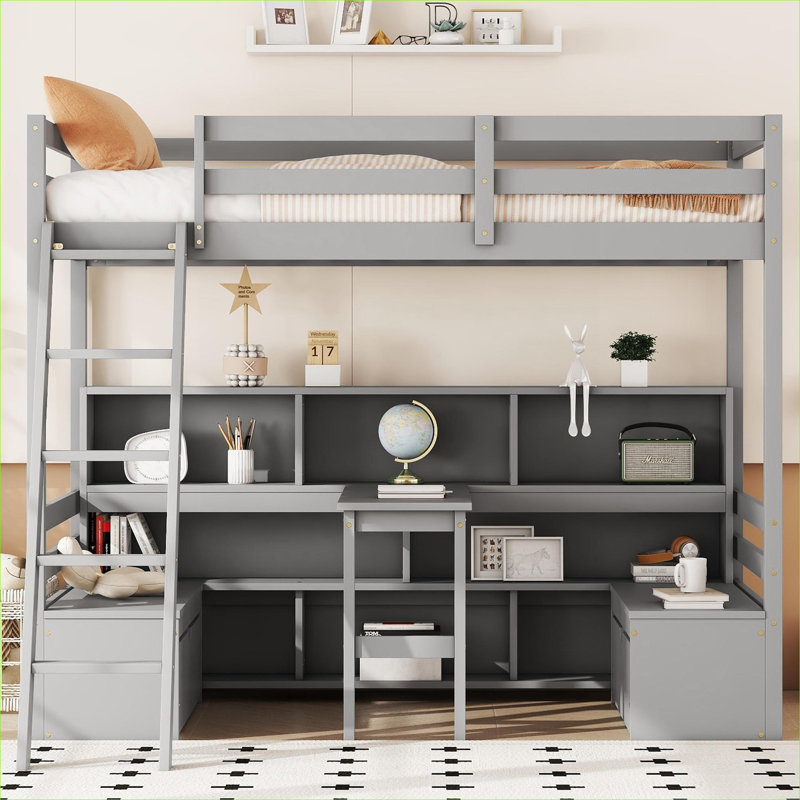 Lit mezzanine simple en pin massif avec rangement intégré, tiroirs et sièges intégrés