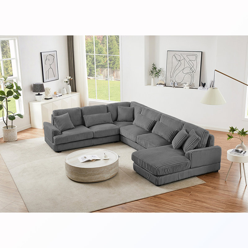Canapé modulaire rembourré en U avec méridienne, Dark Grey Corduroy