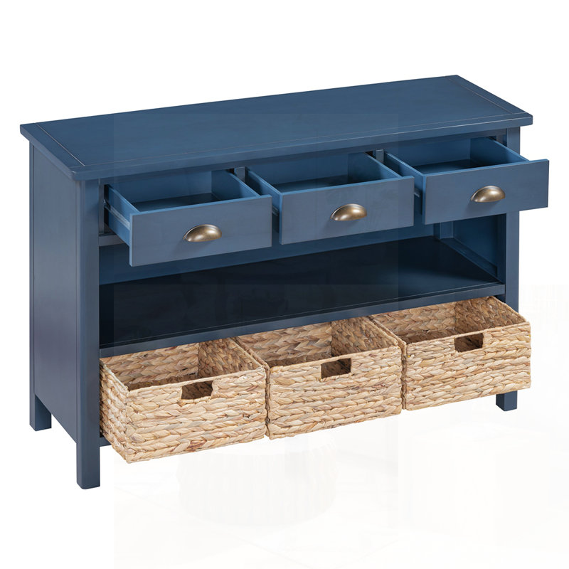 Console rétro avec 3 tiroirs de rangement et paniers tissés, parfaite pour le vestibule, le couloir et l'organisation du salon.