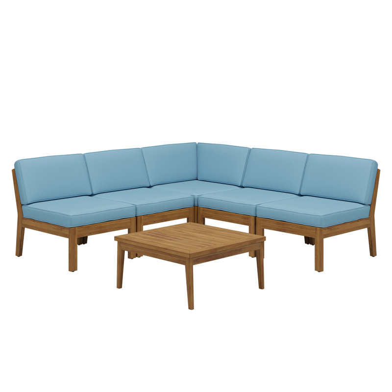 Ensemble modulaire d'extérieur en bois d'acacia rustique avec table basse 6 pièces Ravina, Bleu