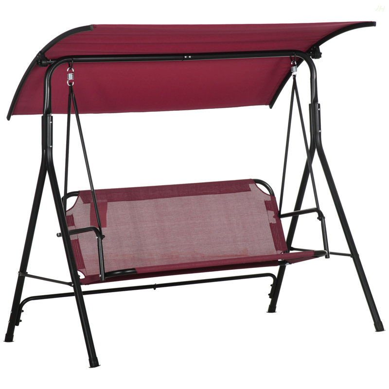 Banc de balançoire 3 personnes avec support et auvent réglable Outsunny, avec accoudoirs, structure en acier pour l'extérieur, jardin, patio, porche et bord de piscine, rouge vin