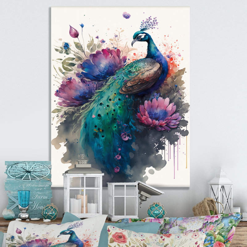 Heffernan, paon mignon, art floral I - paon, art mural, H 40 po x l 30 po x P 1,5 po, Toile tendue