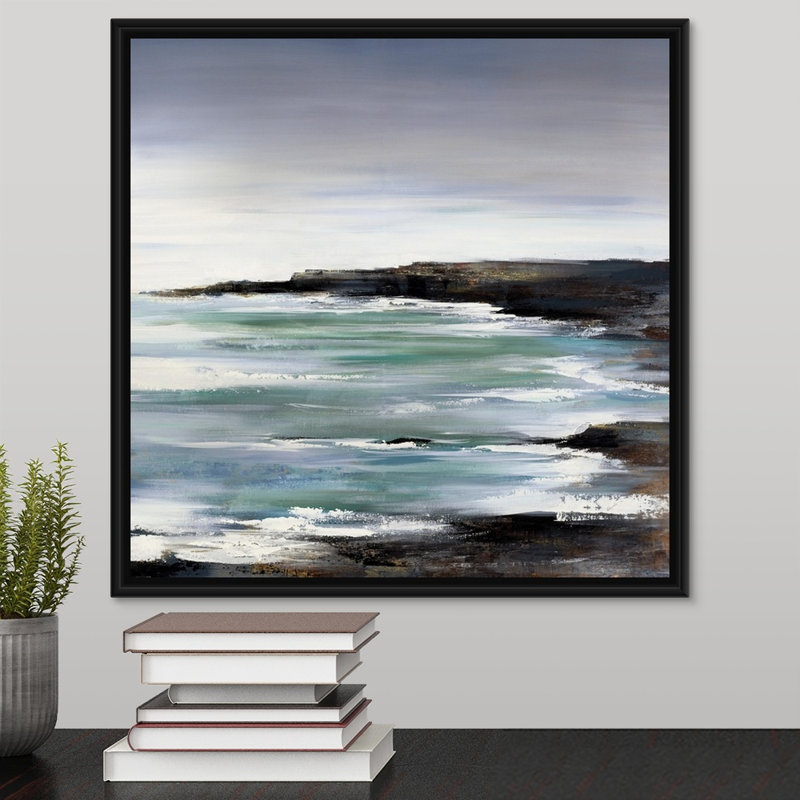 « half moon bay », peinture sur toile, H 17,7 po x l 17,7 po x p 1,75 po, Cadre flottant noir
