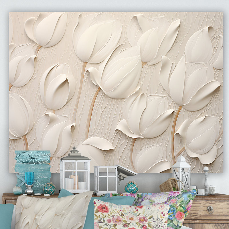 Minimalisme, tulipes blanches symphonie - tulipes, art mural, Toile tendue, H 16 po x l 32 po, No Frame