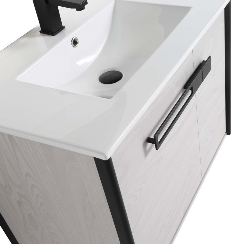 30'' Single Bathroom Vanity with Vitreous China Top, Matte Black, Mild Gray Oak