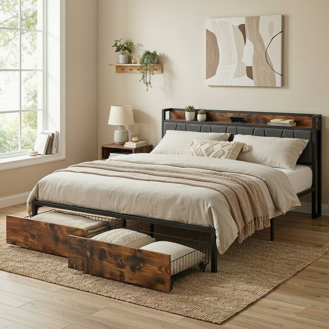 Brown-grey California King Size Bed Frame, Charging Head, With Drawers, Spring-free, Easy To Install. 17 Stories