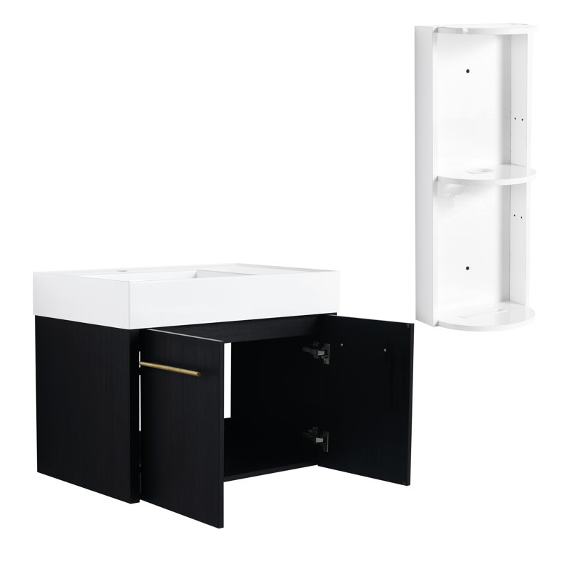 Meuble-lavabo de 30 po avec lavabo en résine à rebord épais, grand rangement à double porte, portes à fermeture douce et trois supports de rangement séparés, taille de teinte de couleur châtaignier noir, charnières assorties