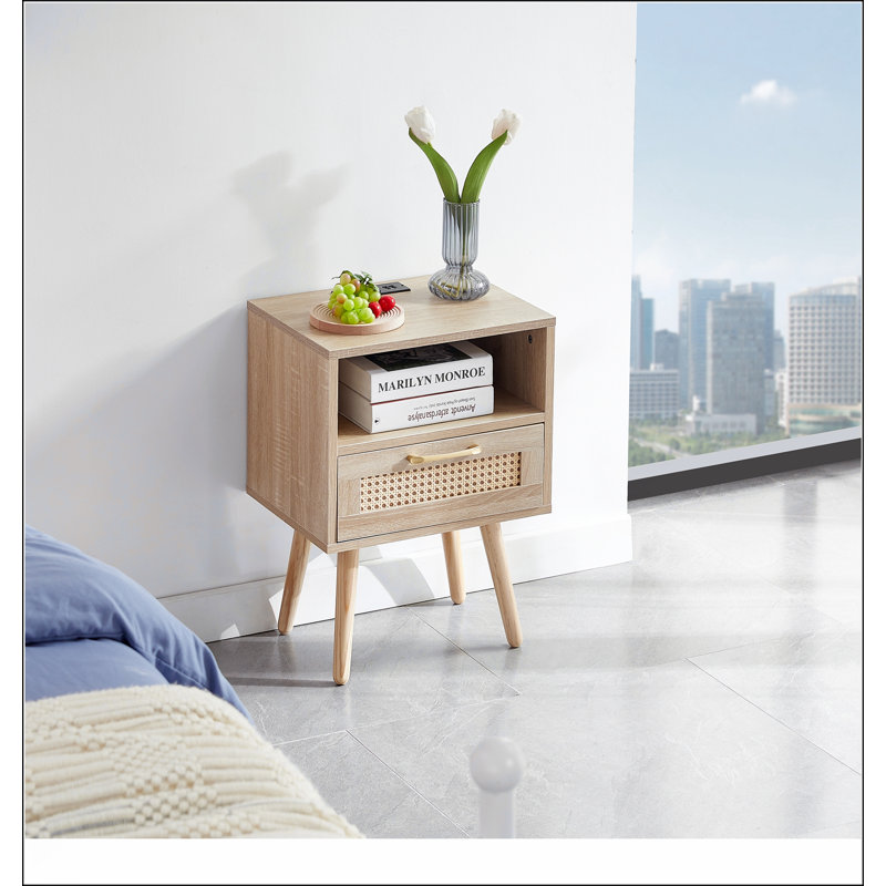 Rattan End Table With Drawer And Solid Wood Legs, Nightstand For Storage And Charging, Easy Assembly, Natural
