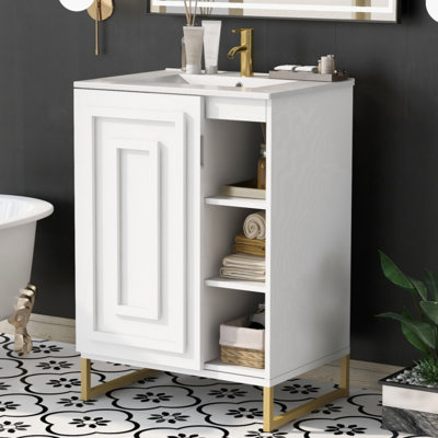 24Inch White Bathroom Vanity Sink Combo For Small Space, Modern Design With Ceramic Basin, Gold Legs And Semi-Open Storage(Faucet Not Included) -  Myhomekeepers, YJYX15024A