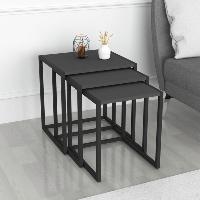 Ezioma Solid Wood Side Table Set, Anthracite