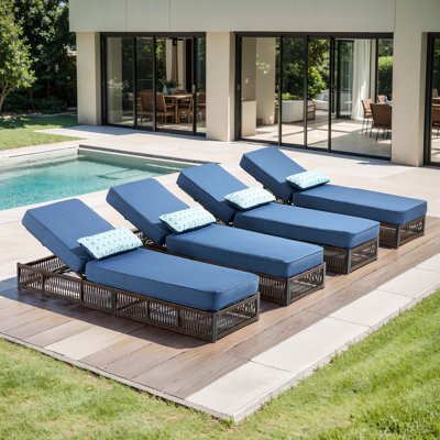 Chaise longue de patio en rotin 4 pièces, chaise longue en osier d'extérieur en PE avec dossier réglable, coussin et coussin amovibles, chaise longue inclinable pour balcon au bord de la piscine