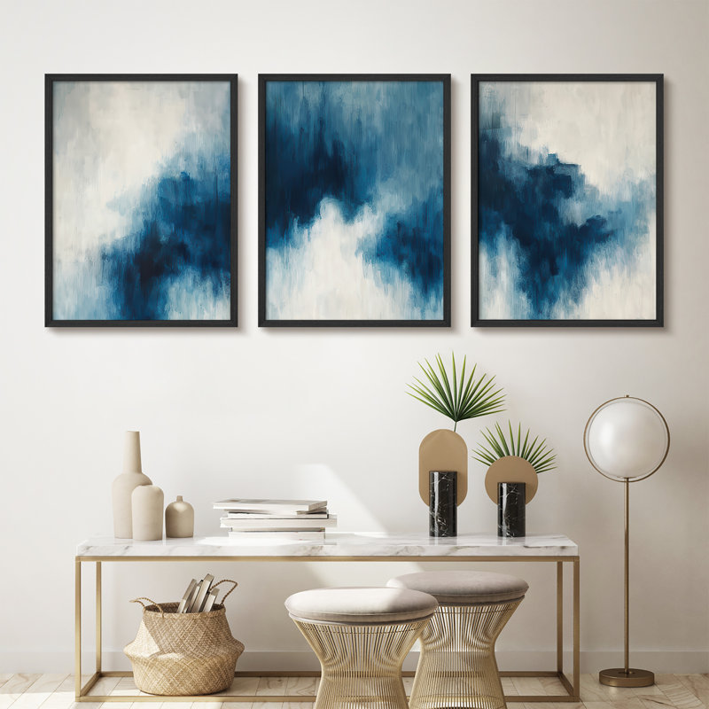 «Blue Abstract Clouds», ensemble de 3 reproductions d'art encadrées inspirées de l'océan avec des tons de marine et de blanc, œuvre d'art contemporaine pour la chambre ou le salon