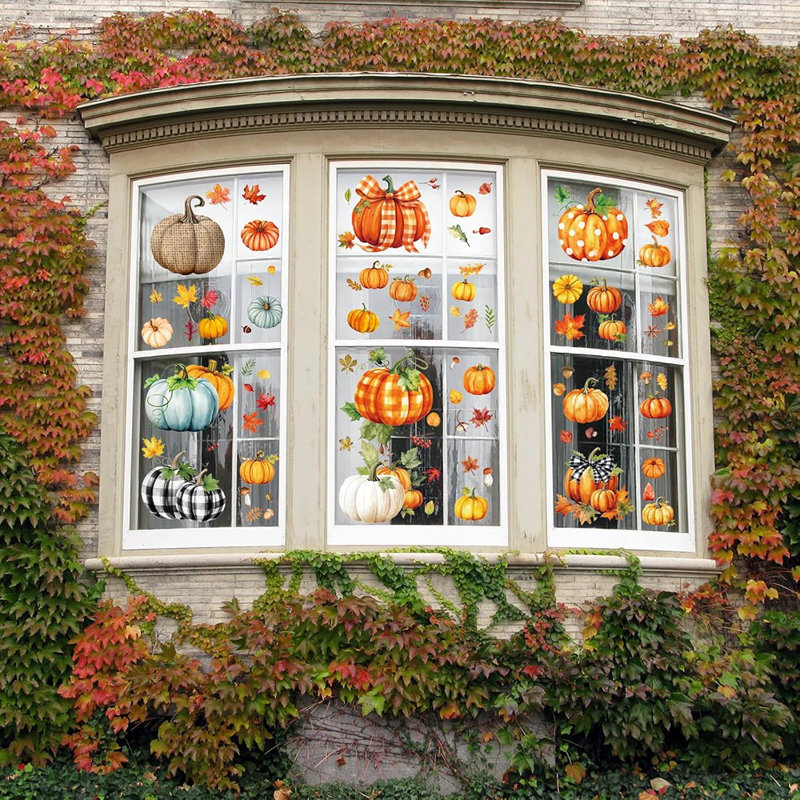 8 feuilles d'autocollants de fenêtre d'automne, adhésifs de fenêtre en verre de citrouille d'automne, décorations d'automne pour la maison, décorations d'autocollants de fenêtre de feuilles de citrouille d'automne pour la décoration d'automne, décorations de fenêtre d'automne de l'Action de grâce.