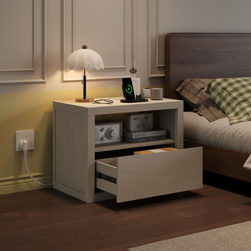  Table de chevet de 27 po de large beige, Individuel, 26.96", Light Oak