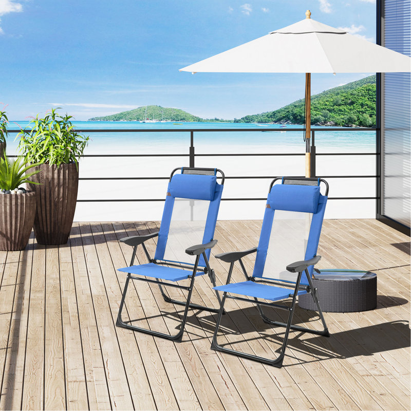 Folding Patio Chairs Set Of 2, Outdoor Deck Chair With Adjustable Sling Back, Camping Chair With Removable Headrest For Garden, Backyard, Lawn, Blue