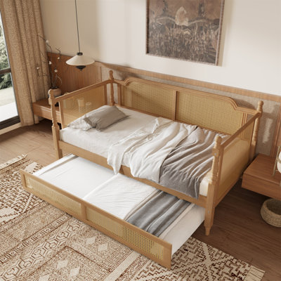 Lit de jour en rotin de style traditionnel avec lit gigogne double pour un espace limité, chambre d'amis, pas de sommier tapissier, noyer antique