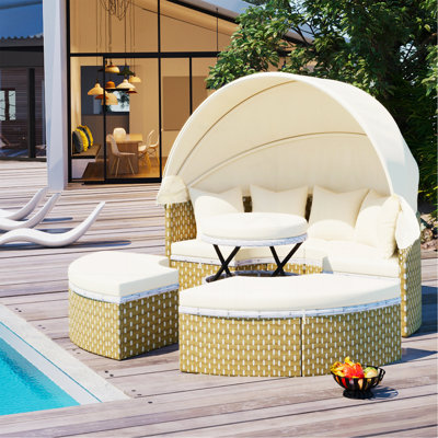 Patio Furniture Round Outdoor Sectional Sofa Set Rattan Daybed Two-Tone Weave Sunbed With Retractable Canopy, Separate Seating And Removable Cushion, Beige