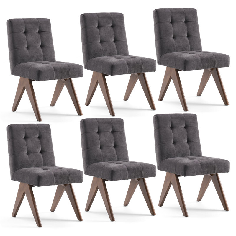 Turfed Linen Upholstered Dining Chair Armless Parsons Side Chair With Solid Wood Legs, Dark Gray
