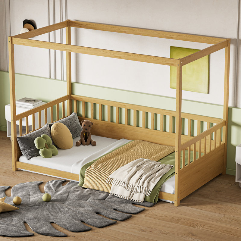 Twin Size Wood Canopy Floor Bed with Guardrails, Montessori Four-Poster Bed Frame for Kids Low Profile Design(Twin), Natural