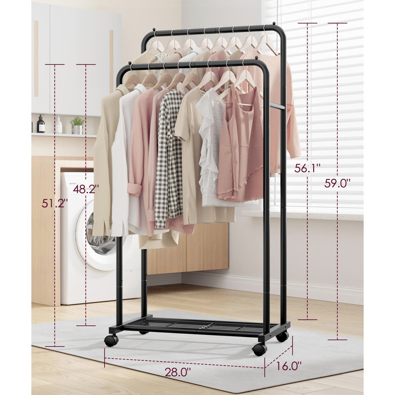 Portant à vêtements en métal avec tablette en filet et roulettes, Noir