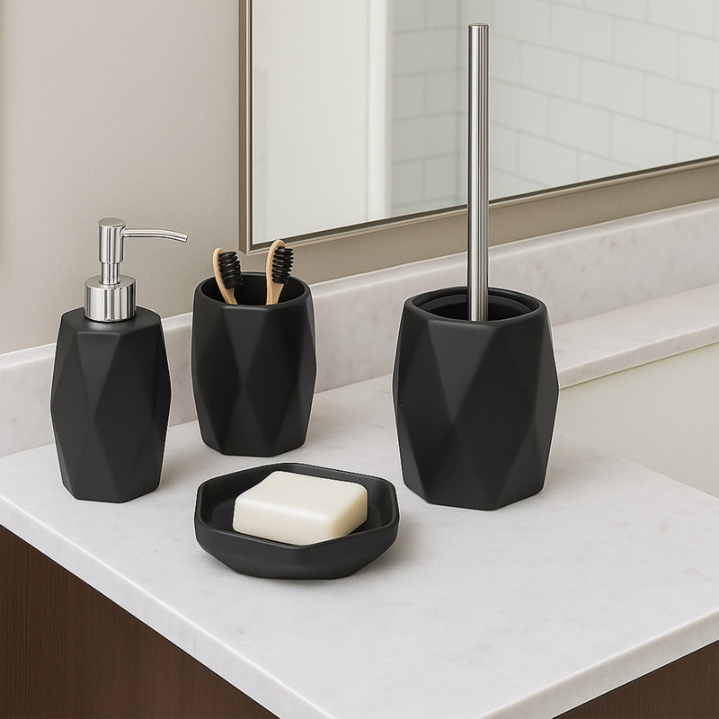 Ensemble de brosse et porte-cuvette de toilette autoportant en grès diamant, Noir