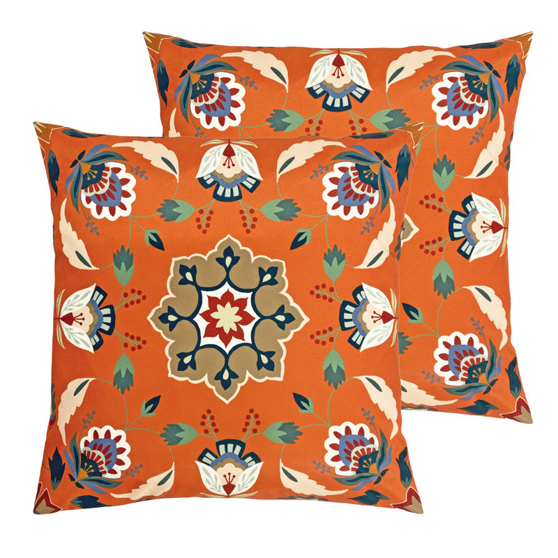 Indoor / Outdoor Floral Square Throw Cushion, Orange