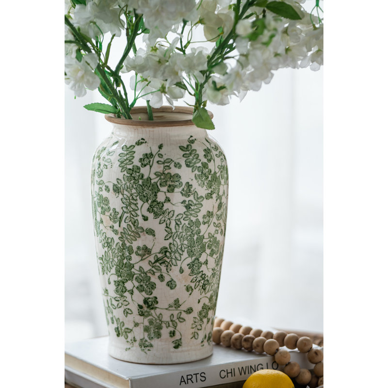Vase à fleurs en céramique blanche avec motif floral vert, H 11,6 po x l 6,5 po x P 6,5 po