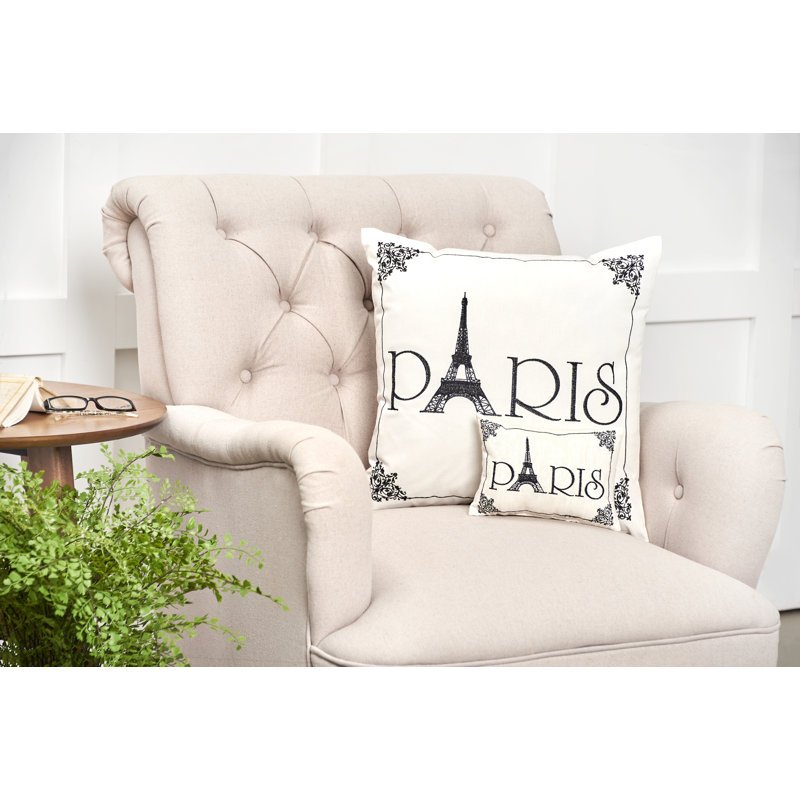 Paris Embroidered Black and White Cotton Throw Pillow