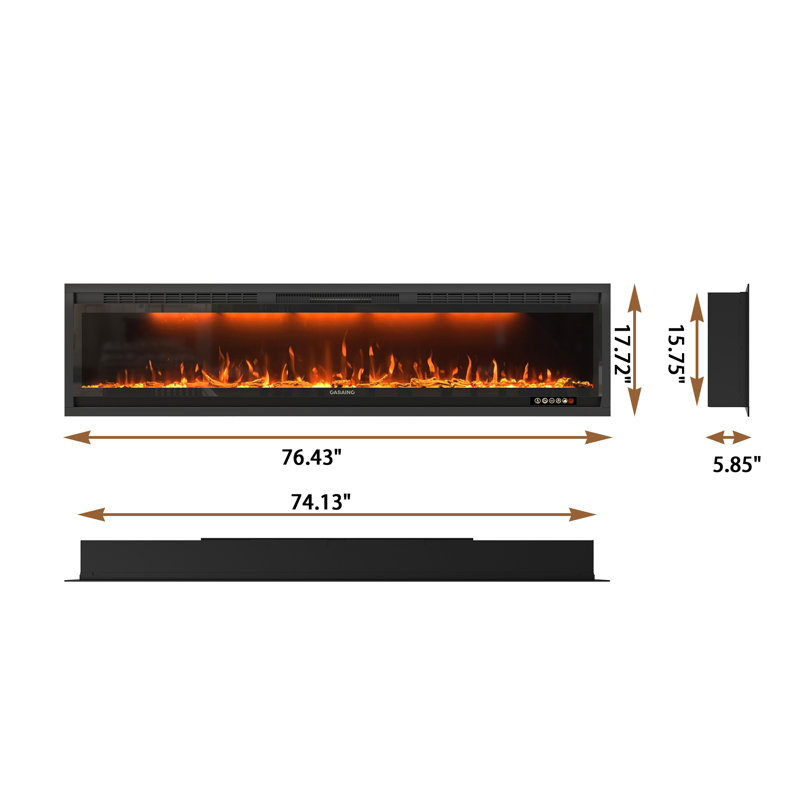 76.43'' W Wall Mounted and Recessed Electric Fireplace with Multicolor Flame, Timer, Remote Control