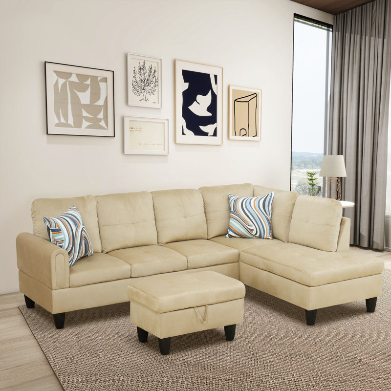 Straton 3 - Piece L-Shaped Modular Living Room Sectional Sofa with Ottoman, Right Hand Facing, Beige Velvet