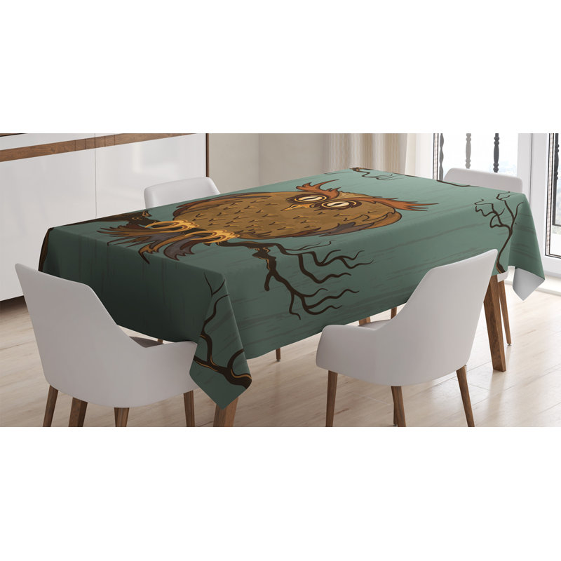 Ambesonne Owl Tablecloth, Exhausted Hangover Tired Owl In Oak Tree With Eyebrows Nature Cartoon Funny Artwork, Rectangular Table Cover For Dining Room Kitchen Decor, 60" X 84", Blue Brown