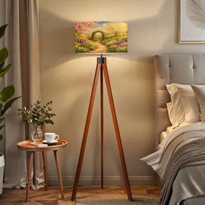 Tripod Standing Lamp Spring Garden Pathway Blossoming Trees Flowers Remote Controlled Dimmable LED Floor Lamp with Beech Wood Legs & Detachable Linen Shade for Farmhouse Apartment Living Room and Bedroom