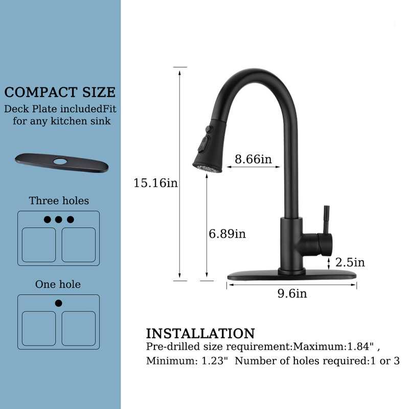 BATHLET Ledbetter Pull Down Kitchen Faucet, Matte Black