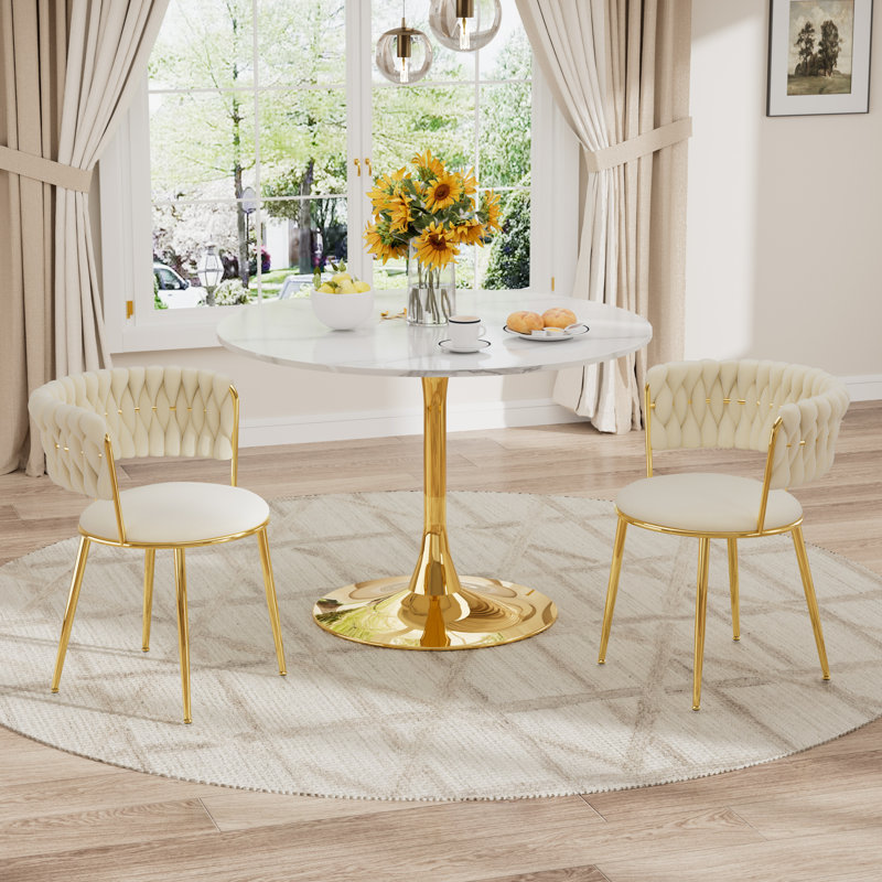 Ensemble de salle à manger rond moderne avec chaise rembourrée Sky, Beige, 3 pièces: table, 2 chaises