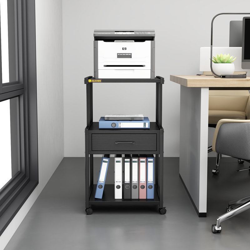 3 Tier Printer Stand with Storage Drawer Rolling Printer Table with Wheels Home Office,Retro, Black