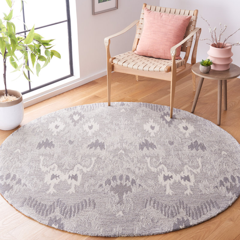 Ikat Hand Tufted Wool/Cotton Ikat Rug in Ivory/Gray, Round 6'