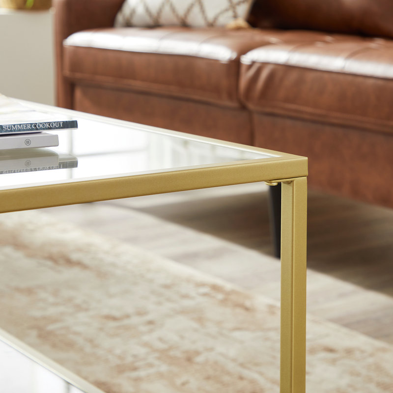 Nancy 39.4" W Rectangle Glass Top Coffee Table with Storage, Golden