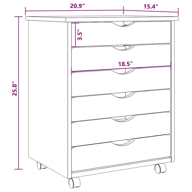 Ladehe MOSS 6-Drawer Chest with Wheels, Solid Pinewood, White