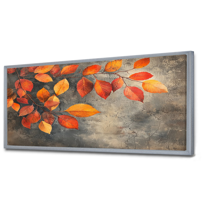Ikem Orange Autumn Leaves IV - feuilles, art mural, Argent argent, H 28 po x l 60 po, Impression encadrée flottante