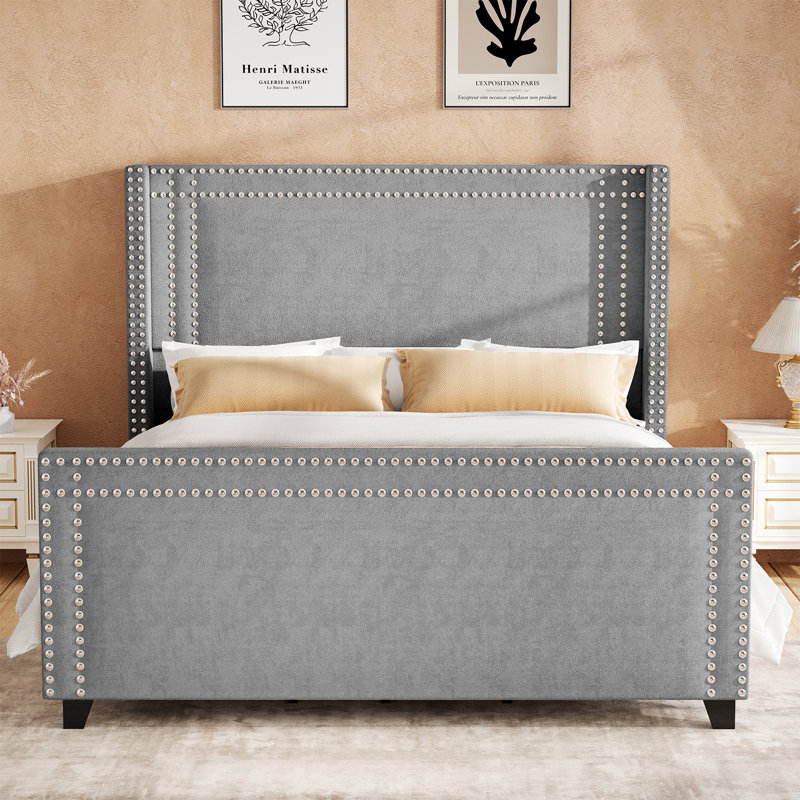 Structure de lit, lit plateforme tapissier en chenille avec tête de clou à deux rangées, gris, Très grand