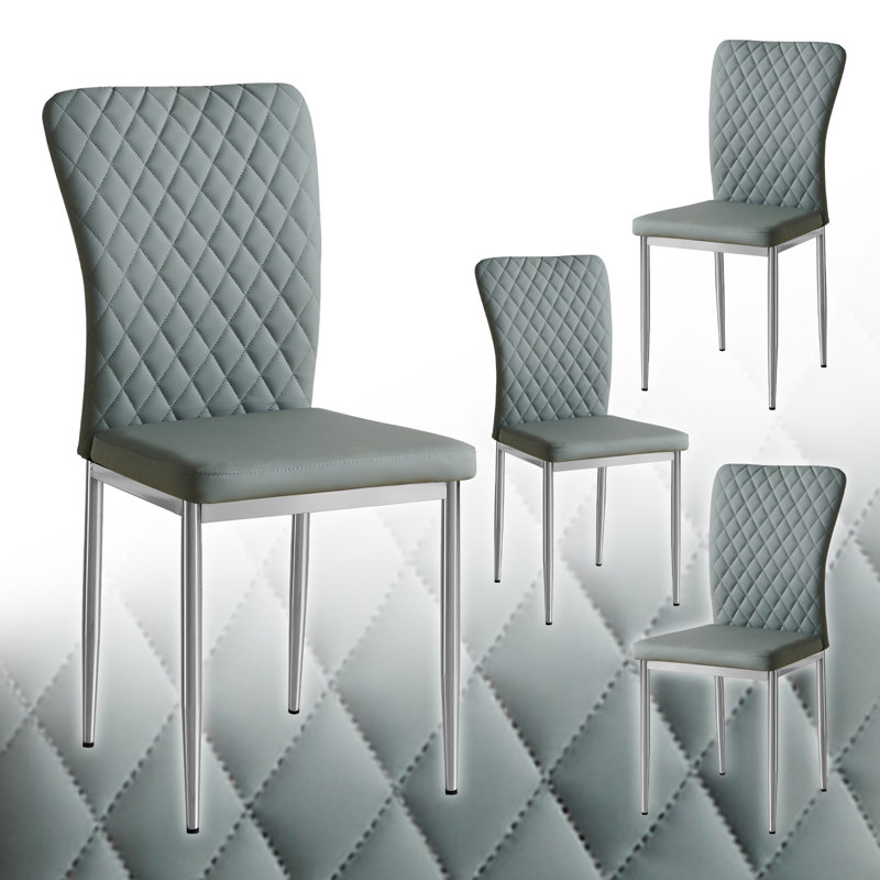 Modern Faux Leather/PU/Suede/Velvet Upholstered Dining Chair Tufted High Back, Grey Faux Leather , Silver Electroplated