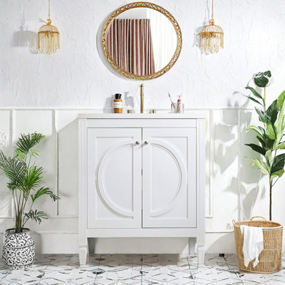 Meuble-lavabo vintage 30 po sans assemblage avec lavabo en céramique, deux portes à fermeture en douceur et tablette réglable, style campagne moderne