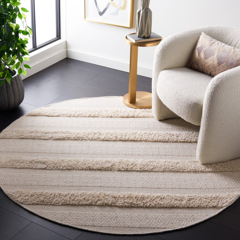 Sandisfield Handwoven Ivory/Beige Striped Wool Area Rug, Round 6'