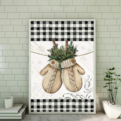 Toile tendue avec des gants de sapin de Noël, décoration de Noël, beige et vert