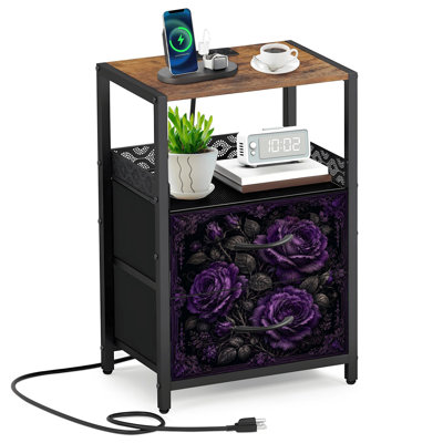 2 Fabric Drawers Night Stand with Charging Station Purple Roses Floral Black Bedroom Bedside Table End Table with Open Shelf USB Ports and Outlets