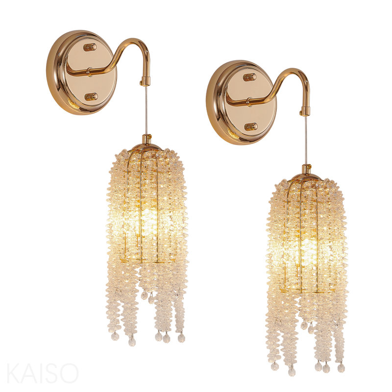 Ensemble de 2 appliques murales à cadre doré et à cordes de perles en cristal, douille d'ampoule E12, luminaire suspendu élégant pour le salon, la chambre à coucher et le couloir (ampoule non incluse)