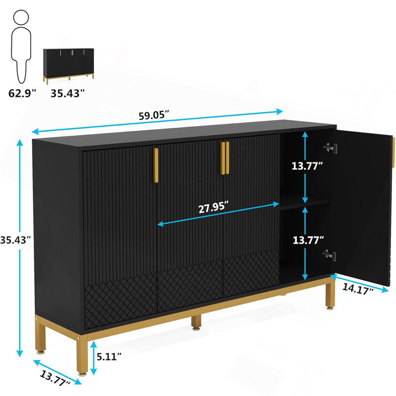 Buffet 59,74 "de luxe noir et or avec rangement et portes géométriques