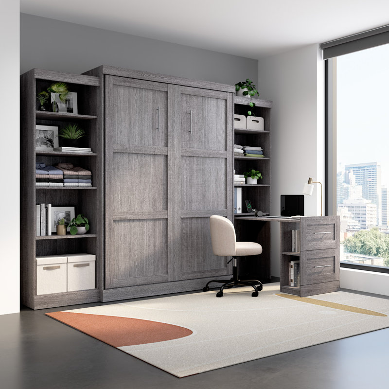 25W Pull-Out Desk Cabinet With Shelves And Hidden Storage, Bark Gray