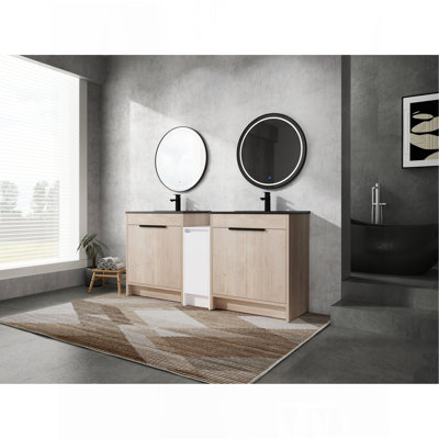 Meuble-lavabo autoportant de 72 pouces avec lavabo en céramique noire et armoires de rangement, porte à fermeture douce
