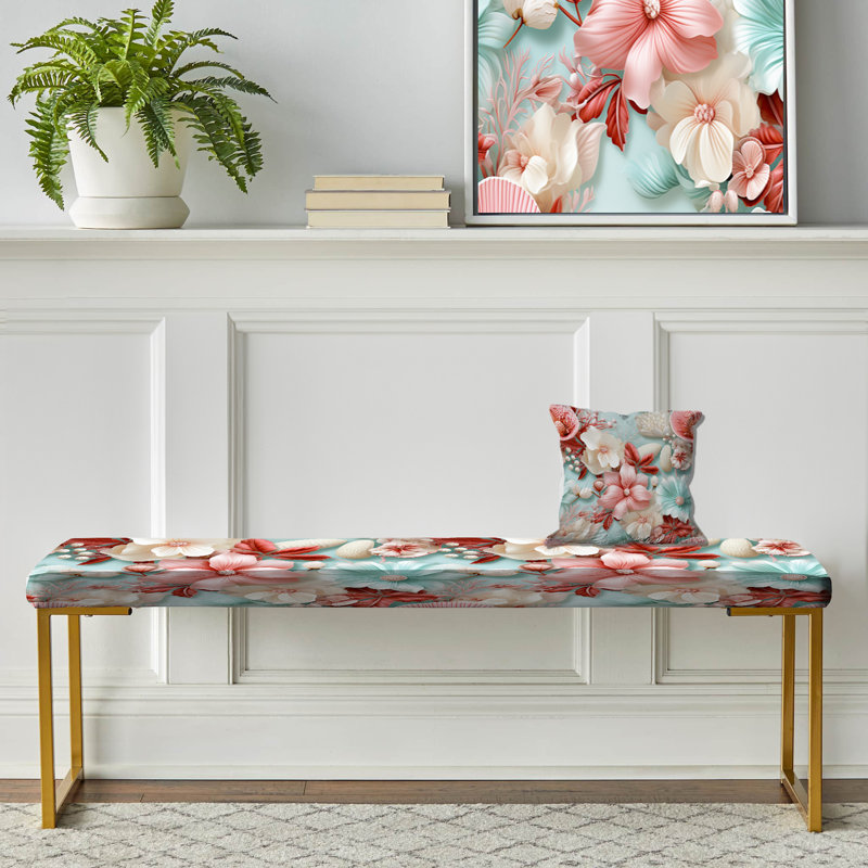 Seashell Whispers Tropical Pattern - Coastal Upholstered Gold Bench